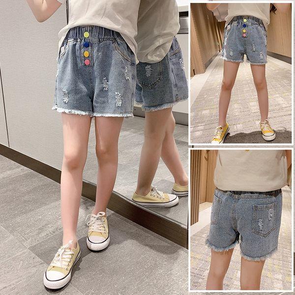 

girls' denim 2020 new and shorts and jeans children's outside pants colorful buckle shorts fashion fashion jeans, Blue