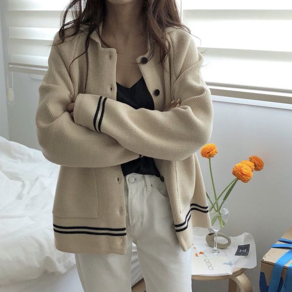 

2 colors 2020 korea chic style color patchwork turn down collar knitted sweater womens long sleeve cardigans womens (c9100, White