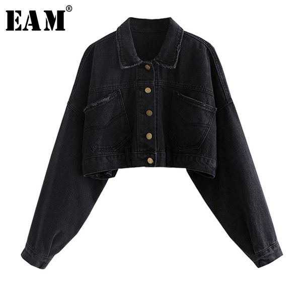 

eam] сыпучие fit черный серый кнопка denim большой размер короткие куртки новый нагрудные с длинным рукавом женщины пальто мода tide весна, Black;brown