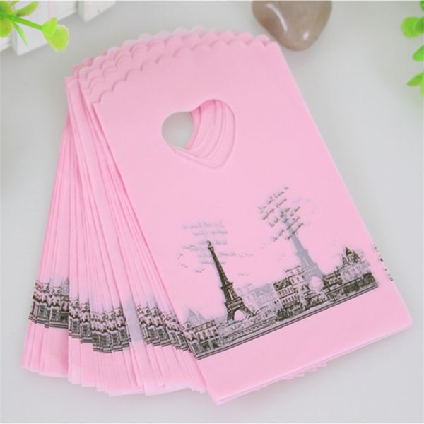2019 venda quente atacado 200 pçs / lote rosa torre Eiffel sacos de embalagem sacos de compras de plástico com lidar com pequenos sacos de presente