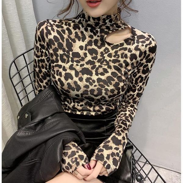 

spring and autumn 2020 new base coat women's elastic leopard print slim t-shirt half high neck long sleeve top, White