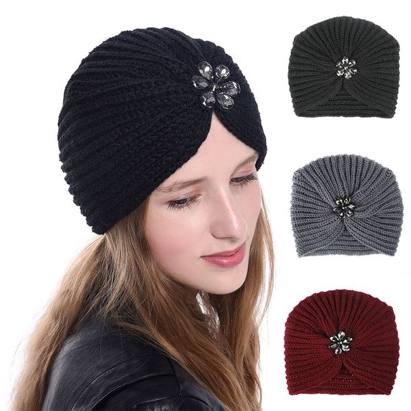 

bohemia style women beanie rhinestones flower turban hat wool knitting cross headwraps female solid color cap, Blue;gray