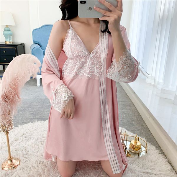 

pink lace women robe set bride wedding 2pcs sleepwear satin silky nighty&robe set casual homewear v-neck home clothing, Black;red