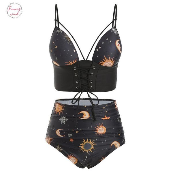 

letter brazilian bandage bikini swimsuit 2020 women high waist star moon printed push up tankini sets plus size beachwear swimwear, White;black