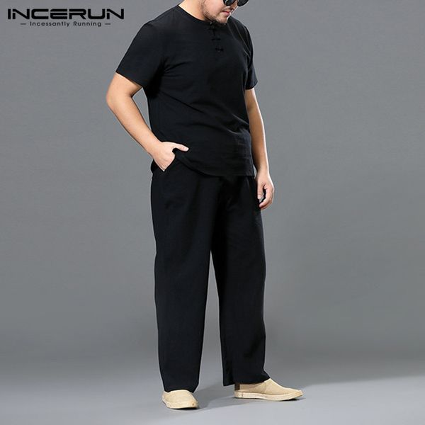 

incerun мужская отдыха комплекты vintage короткий рукав вокруг шеи хлопка футболку шнурком брюки мужские сплошной цвет рыхлого костюмы s-5xl, Gray