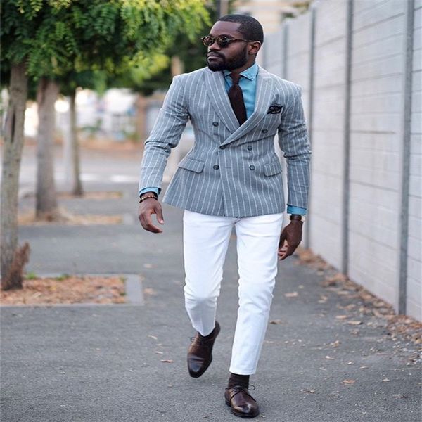 Yaka Blazer Peaked 2020 Pamuk Yeni 2 parçalı Açık Gri Çizgili Damat Takım Elbise Smokin Custom Made Fit İnce Biçimsel İş Erkekler Suits
