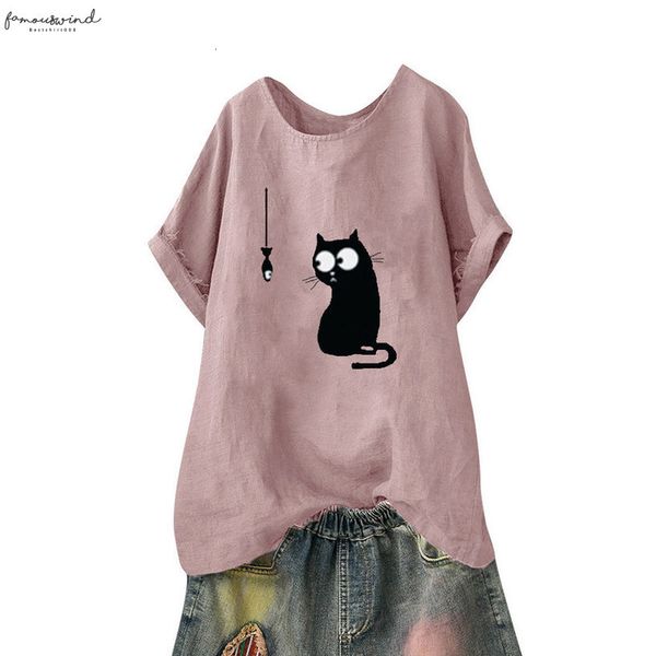 

women shirts loose cat print plus size casual beach vintage funny o neck pink trend elegant summer blouse shirts, White