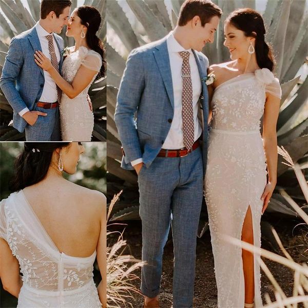 

boho high-split mermaid wedding dresses applique lace one-shoulder bridal gowns sleeveless sweep train garden wedding dress robe de mariee, White