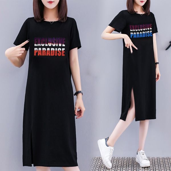 

2020 summer new black loose knee-length base letter printing long t-shirt long skirt short sleeve t-shirt skirt, White