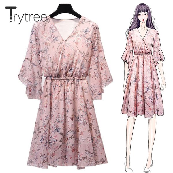 

trytree summer autumn casual dress women v-neck butterfly sleeve elastic waist dresses print floral a-line knee-length dress, Black;gray