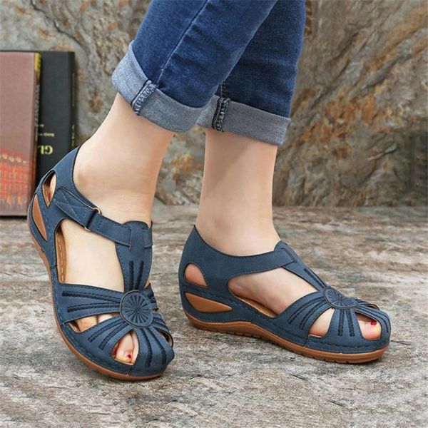 

sandals women's summer comfort hollow ankle round casual sewn vintage thick bottom soft outdoor slippers, Black
