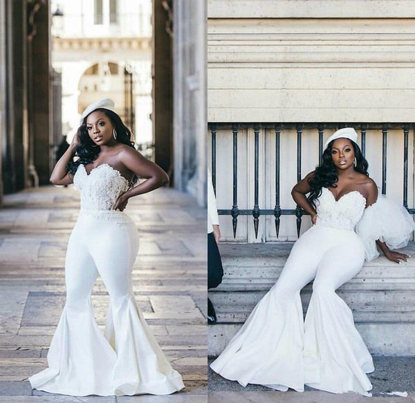 

plus size african wedding jumpsuit 2021 vestidos de novia lace stain sweetheart lace-up corset garden beach bride dress with pant suit, White