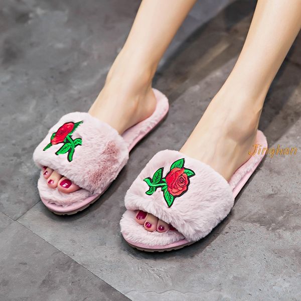 

women flower soft home slippers warm cotton shoes lovely women indoor slippers slip-on shoes for embroidery rose slides, Black