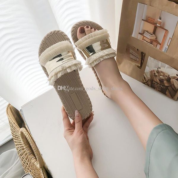 

xshfbcl 2020 flat shoes female summer woman woman's slippers luxury slides shose women fringe beach soft 2020 designer rubber 35-40 xsh, Black