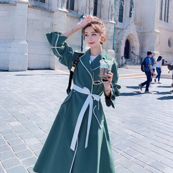 

hw1a5 2020 autumn windbreaker windbreaker new mid-length elegant lace-up trench coat stitching color-matching lace-up trench coat for women, Tan;black