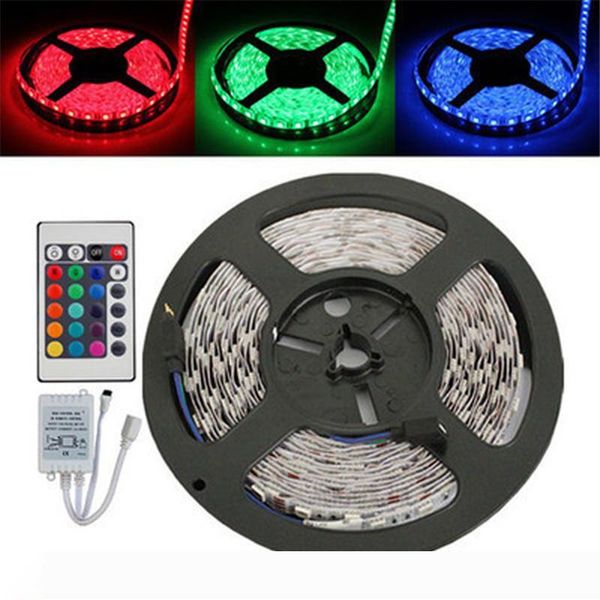 

5m rgb led strip light flexible 3528 smd non waterproof dc 12v +ir remote controller + 2a power supply stage party bulb christmas gifts
