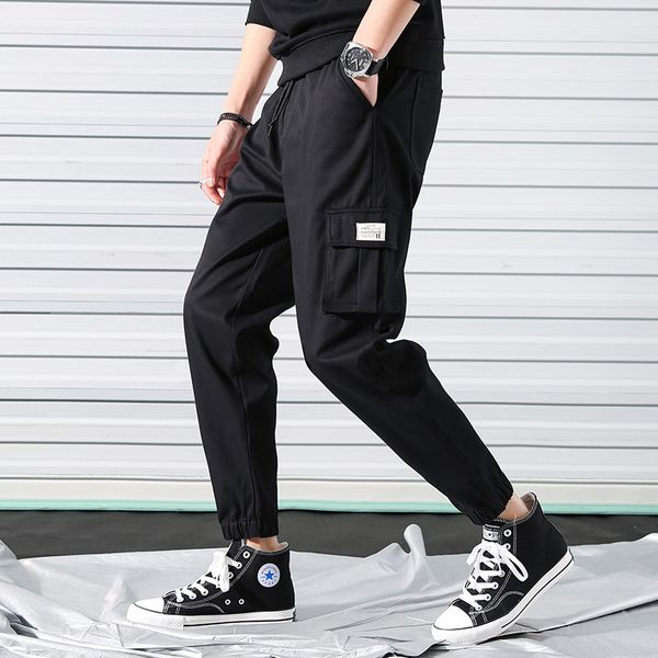 

fashion men multi-pocket cargo pants tide brand streetwear beam feet trousers sweatpants jogger men cotton casual pants, Black