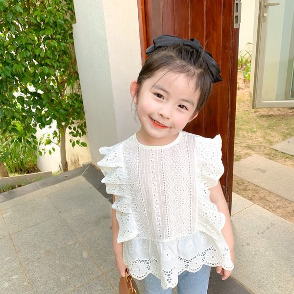 

cute lace shirt baby style girls fashion loose hollow embroidery cover children's short-sleeved lace shirt, White;black