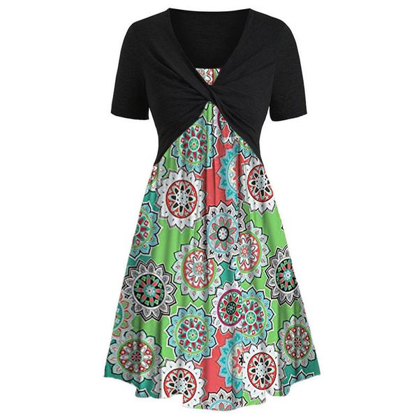 

jaycosin 2019 new summer women suit vintage fashion plus size short sleeve cross floral print mini draped dress set 9042920, Gray