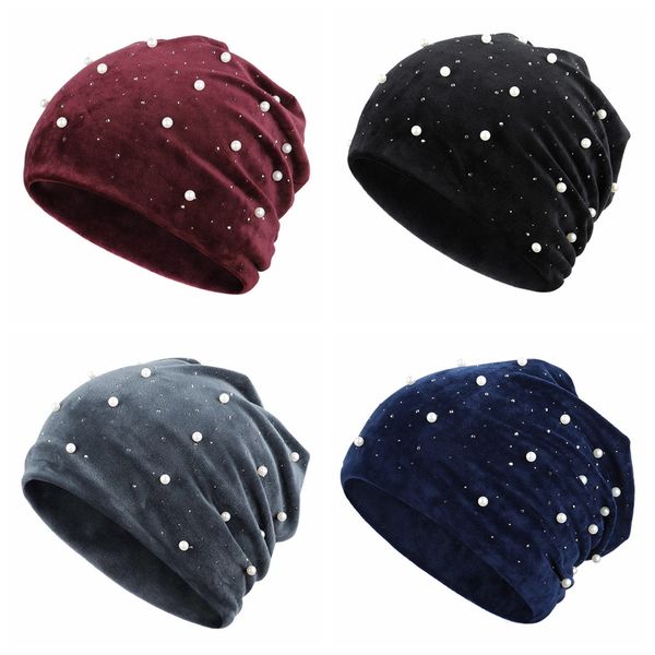 

winter women's skullies beanies hats new pearl rhinestone velvet slouchy beanie hat for women thick velour balaclava bonnet hat, Black