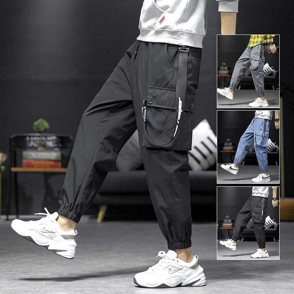 

2020 new autumn men cargo pants men's solid casual loose ankle-tied pants new fashion safari style men's man, Black