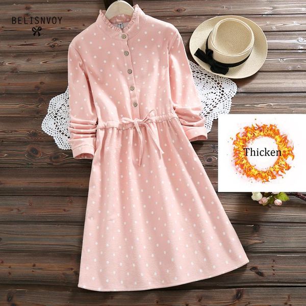 

mori girl autumn winter warm women dresses ruffled polka dot printed long sleeve female vestidos sweet pink drawstring dress, Black;gray