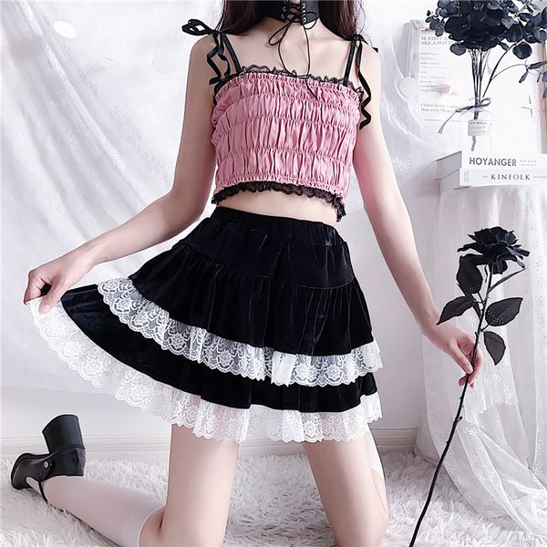 

black skirts women summer 2020 lace trim lolita style cute a-line mini skirt for kawaii girls shorts skirt