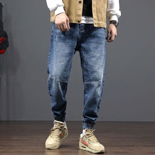 

fashion streetwear men jeans loose fit spliced designer denim harem pants slack bottom joggers japanese style hip hop jeans men, Blue