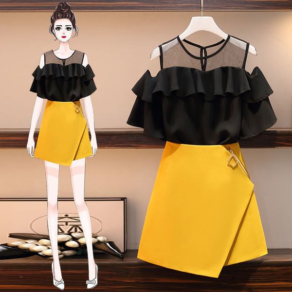 

ichoix plus size women summer outfits korean elegant 2 piece skirt set ruffles off-shoulder and skirt set women 2 piece set, Black;white