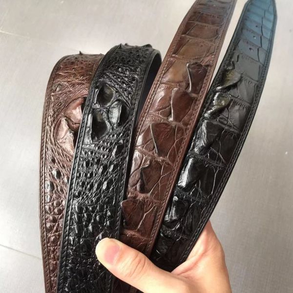 

thailand crocodile back bone belt men's casual all-match dermal bone leather belt smooth businessbelt, Black;brown