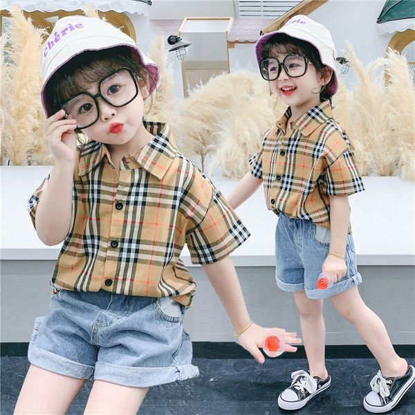 

girls plaid denim 2020 new korean baby short sleeve shirt base shirt fashion, White;black