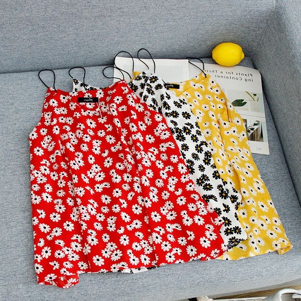 

2020 летняя одежда ромашка цветок яркий цветочный шифон рубашку v-образный вырез небольшой подвязка база бретели базовый жилет внешнего изно, Camo