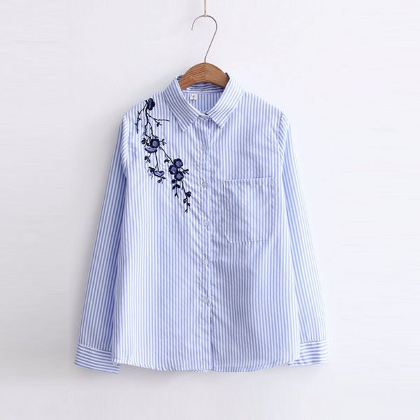 

women's blouses & shirts embroidery women long sleeve female turn-down blue striped blouse casual 2021 camisas femininas, White