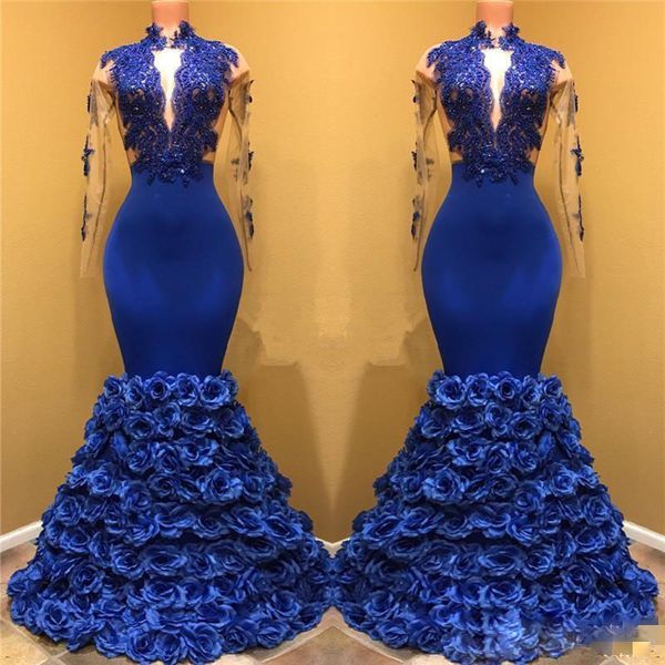 

royal blue black girls mermaid evening dresses long sleeves lace applique keyhole neck prom dresses 3d rose flowers pageant gowns, Black;red