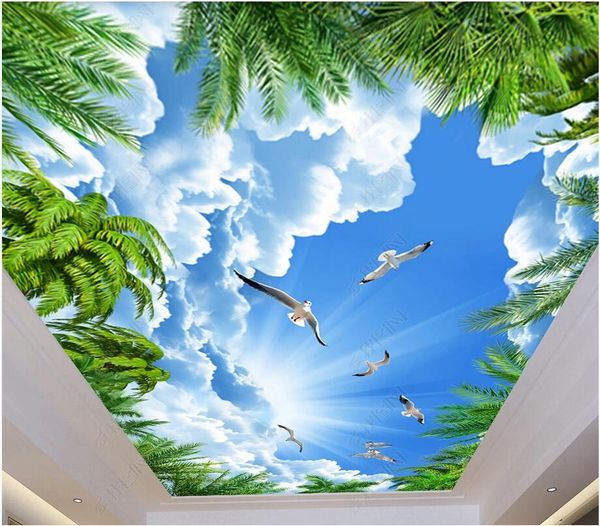 

3d wallpaper custom p non-woven mural picture coconut tree blue sky white cloud seagull suspended ceiling zenith wall papers home decor