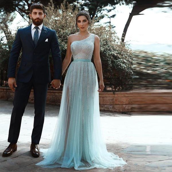 

said mhamad ice blue one shoulder sequins prom dresses overskirts side split tulle formal dresses evening gowns ogstuff vestidos robe, Black