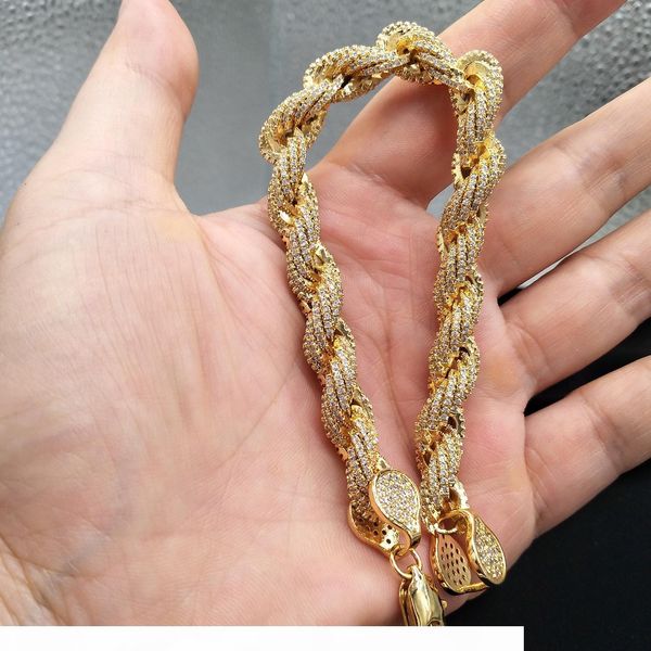 

18k gold iced out full cubic zircon mens hip hop cuban rope bracelet rock punk rapper diamond jewelry copper wrist chains gifts for men, Black