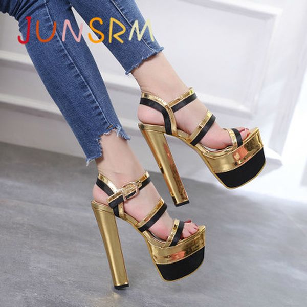 

junsrm 2020 women sandals fashion peep toe thick heel women shoes summer high heel 17.5cm platform elegant party shoes sandals, Black