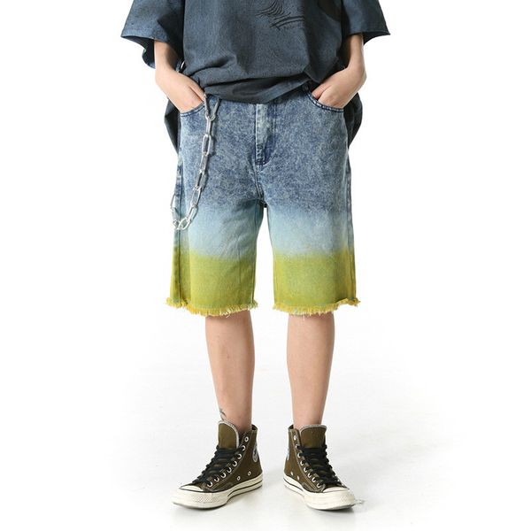 

men gradient color high street straight calf-length jeans male streetwear hip hop loose denim pant zipper mid midweight, Blue