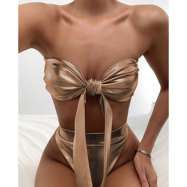 

2020 stamping bikini swimwear women swimsuit off shoulder bandeau push up bikini set high waist bathing suit beachwear
