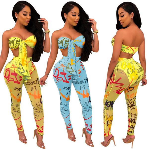 

letter print women tracksuit sleeveless bra vest + see-through pants leggings 2 piece suit fashion chest wrap outfits designer clothing set, White