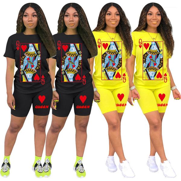 

card printing designer womens tracksuits short sleeve fashion casual suits womens clothing 2 piece set playing, Gray