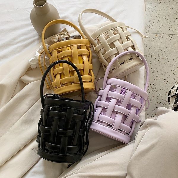 

cutout waffle small pu leather bucket bags crossbody bags for women 2020 solid color shoulder handbags female cross body bag