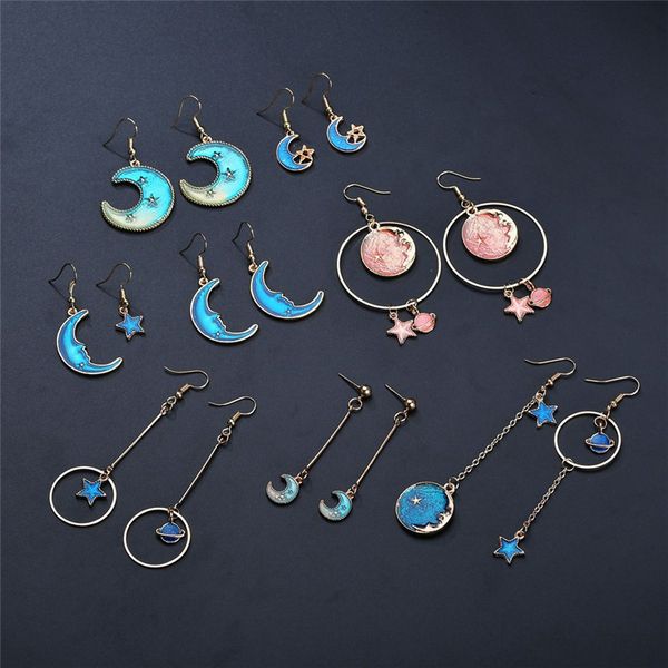 

new korean earrings blue star moon long drop earrings for women asymmetric round planet dangle jewelry brincos gift, Silver