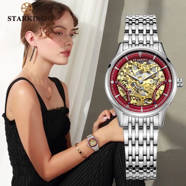 

starking mechanical watch women luxury stainless steel hollow skeleton automatic ladies watch chinese hodinky damske 5atm al0185, Slivery;brown