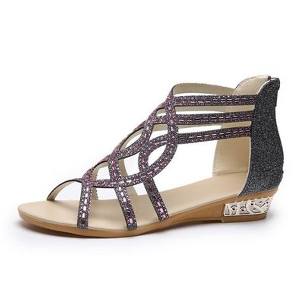

summer 2020 new fashion wild rhinestone wedge heel zipper large size sandals women, Black