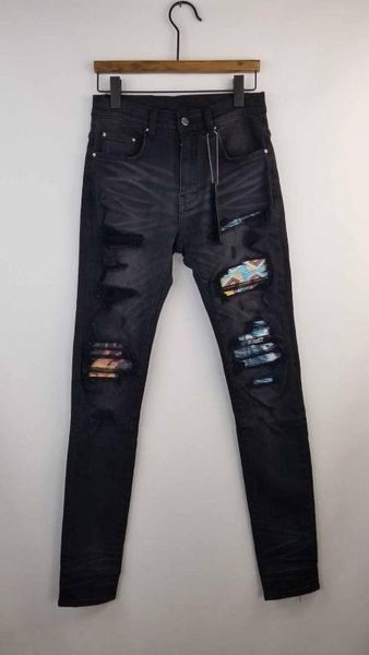 

men art ribbed patch skinny distressed black jeans, Blue