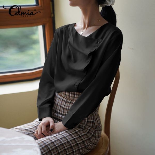 

elegant celmia women shirt 2020 fashion vintage satin blouse long sleeve casual solid asymmetrical buttons pleated slik 5xl, White