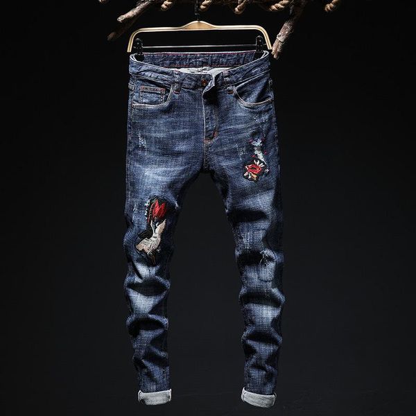 

men's jeans vintage embroidered straight stretch moto slim fit denim pants distressed trousers, Blue