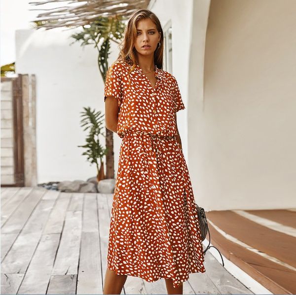 

original design european and american fashion women's selling fashion 2020 summer polka print short sleeve dress lapel a-line skirt, Black;gray